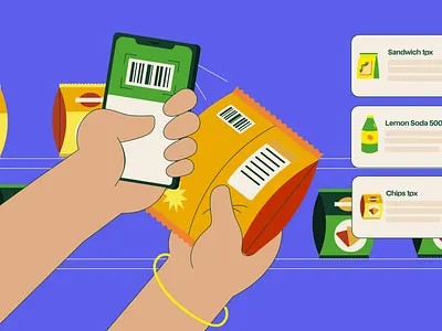 Scan and Pay adobeillustrator branding chips design graphic design green hand illustration motion graphics pay phone purple scan shope store vector