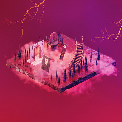 Vecna's Mindscape - Stranger Things 3d 3d art blender clock clouds dark design door fog hell illustration isometric art ivy kate bush max netflix red stairs thunder window