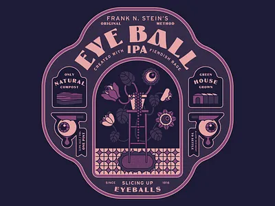 Eyeball IPA adobe beer creepy eyeball flatdesign frankenstein halloween illustration illustrator ipa label labeldesign linework monstera muti pink plant purple spooky vector