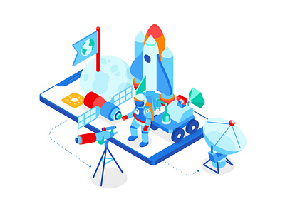 Space exploration isometric illustration astronomy design exploration flat design illustration isometric isometry mobile smartphone space style telescope vector