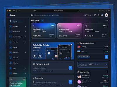 UBank — Online Banking Dashboard bank bank account bank app banking credit card dark theme dashboard finance finances financial fintech money money management product design transaction ui ux web web app web design