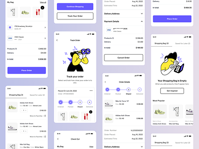 Fashion eCommerce App app check out ecommerce fashion illustration shop shopping bag sneakers track track your tracking ui ux