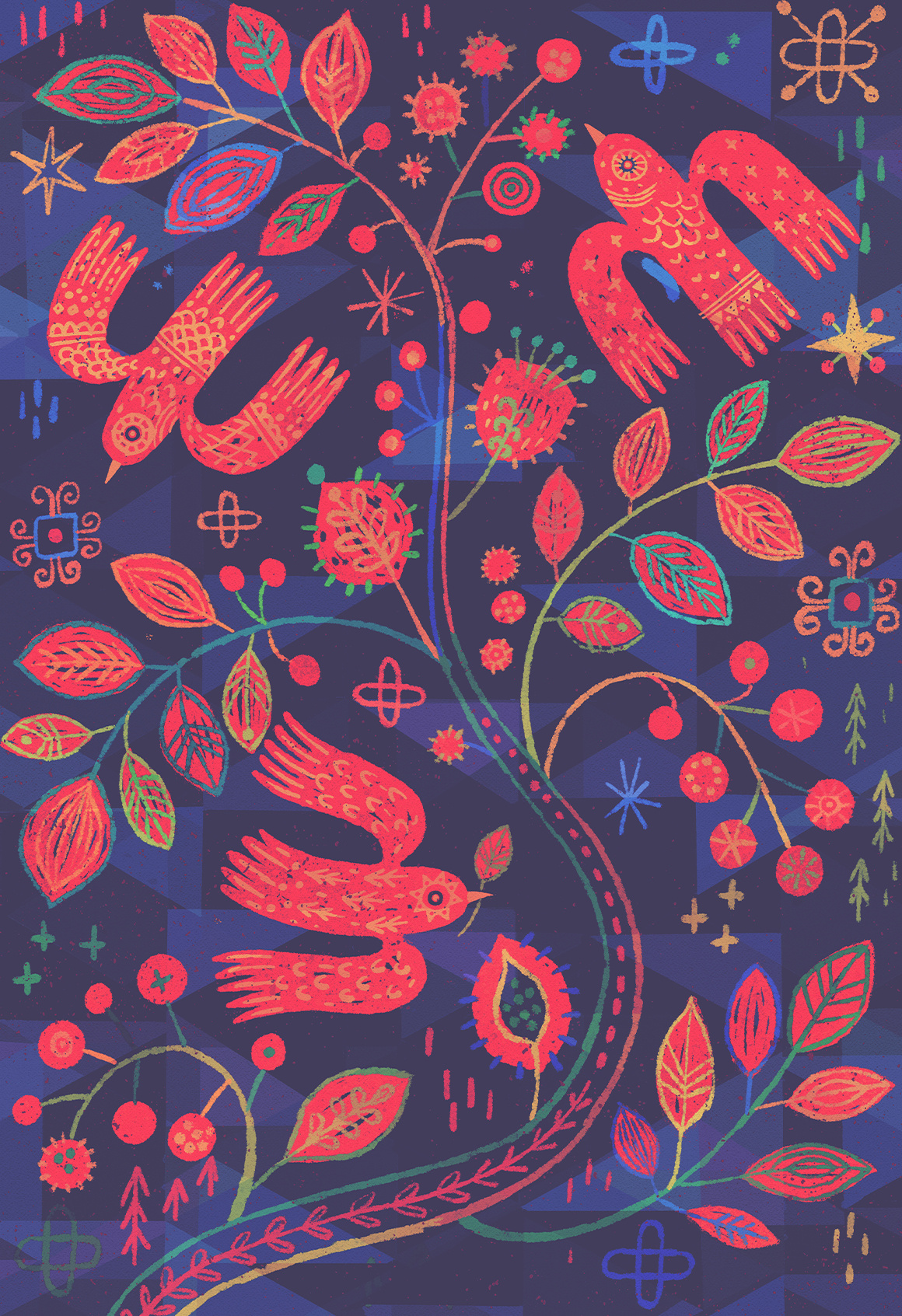 The THREE CARDINALS 40winks art birds folk giclee graphic illustrated illustration leaves myth nature print stevesimpson wall art