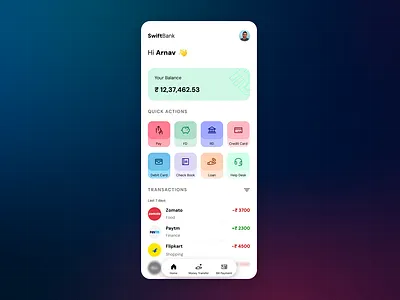 SwiftBank Home Screen bankingapp fintech swiftbank uidesign uiux uxdesign