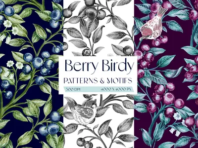 Berry Birdy Patterns and Motifs apparel art berry birds botanical branding design fabric floral hand drawn illustration pattern print wallpaper