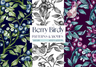Berry Birdy Patterns and Motifs apparel art berry birds botanical branding design fabric floral hand drawn illustration pattern print wallpaper