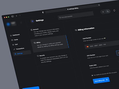 Settings — Billing 🧙🏽‍♂️ billing cards dark darkmode dashboard design finance fintech minimal navigation payments productdesign secured settings theme typography ui uiux website