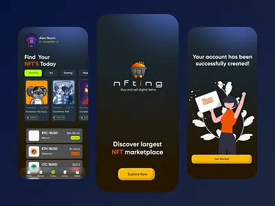 NFT Marketplace App Design bitcoin cryptoart defi ethereum exchange figma futuristic glassmorphism marketing nft token trade ui ux wallet