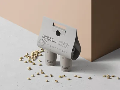 Scene With Paper Cups With Holder Mockup And Nuts Isometric coffee
