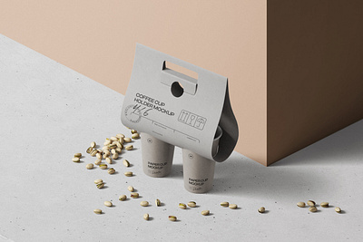 Scene With Paper Cups With Holder Mockup And Nuts Isometric coffee