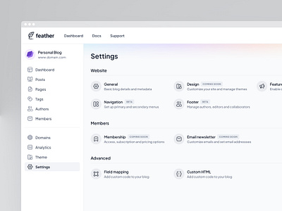 Feather — Settings app design blog dashboard membership newsletter preferences settings ui ui design ux ux design web app web design writing