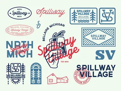 Spillway Village - Logo Explorations air bnb avant stay badge badges brand branding camp design kit lockups logo natural nature norther outdoors rental summer typography vacation vrbo