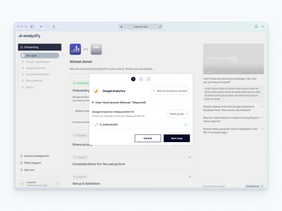 Analyzify Shopify App / GA4 access modal dashboard dashboard modal design desktop modal figma integrations modal ui ux ux design