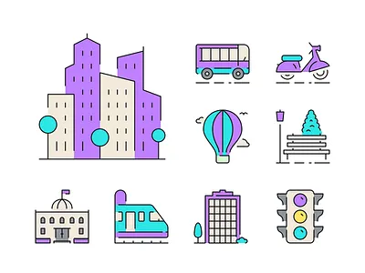 City icons airballoon bench buildings bus government iconjar metro scooter streetlight