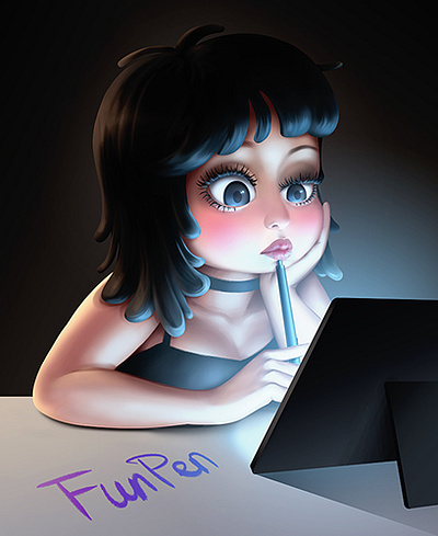 Life of a female artist who's always work late at night. caricature cartoon digital 2d funpen illustration painting