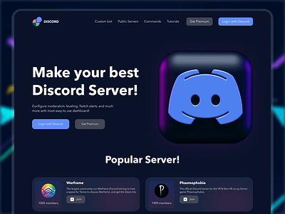 Discord Server Website Header bot branding dark design discord discord serer graphic design header illustration landing page logo popular server server site user interface web design web development web interface web ste web3