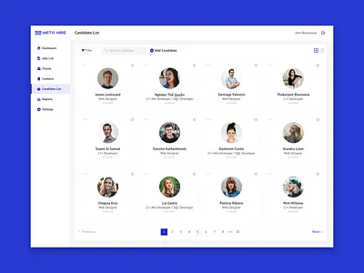 Meta Hire - Candidate List analytics crm dashboard ecommerce experience free hr interaction interface landing page product recruiting research service ui ux web app website