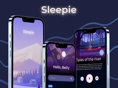 Sleepie: Kids app for goodnight sleep. 2022 bedtime cartoon design challenge friendly interface kids lullaby mobile mobile app music app player relax sleep sleep app sleep timer sleep tracking tales ui ux