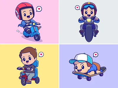 Cute Riders👦🏻🚲🛵🛹 bikecycle boy character cute game harley helmet hobby icon illustration kids logo male motorcycle ride scooter skateboard sport vehicles vespa