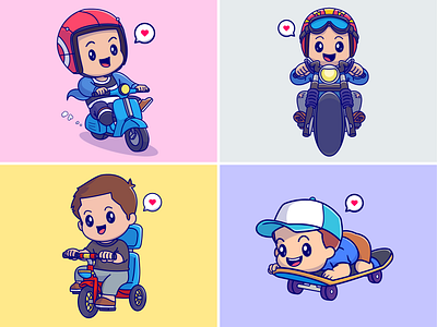 Cute Riders👦🏻🚲🛵🛹 bikecycle boy character cute game harley helmet hobby icon illustration kids logo male motorcycle ride scooter skateboard sport vehicles vespa