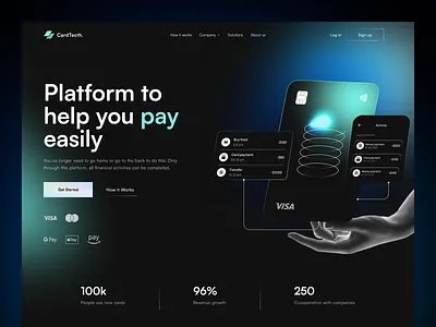 Payments Card for Fintech Landing Page banking card clean credit cards dark mode design finance fintech landing page minimal money payment payments platform technology ui design uiux web web design whitespace