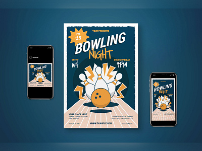 Bowling Night Flyer Set bowling bowling flyer bowling games bowling night bowling pink flat design flat design flyer flyer flyer design flyer set pins poster