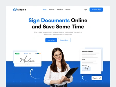 Signio - Digital Signature Hero Section b2b b2b website clean company component digital signature document e paper e signature hero hero section invoice landing page minimalist paper product saas saas website signature web design