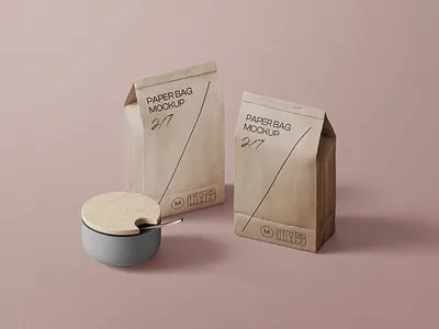 Two Paper Bag Mockups With Cup and Spoon Isometric coffee