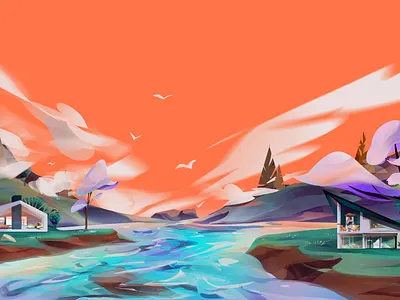 Landscape Illustration architecture clouds colorful design environment graphic design home illustration nature orange