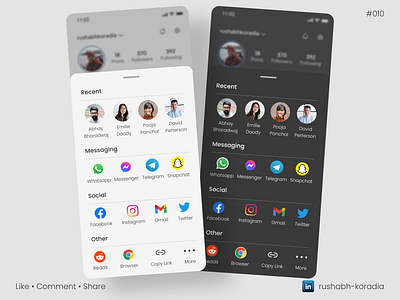 DailyUI 010 - Social Share UI app ui daily ui 10 dailyui dark mode ui dark mode ui design design design inspiration figma ui messaging apps mobile app ui mobile ui mobile ui design rushabh koradia rushabh ui social media social share ui ui design ui inspiration ux.rushabh