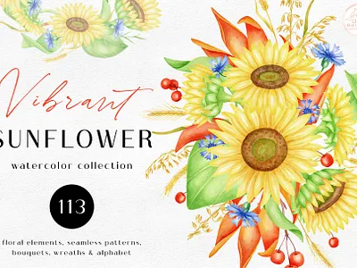 Vibrant Sunflower - Watercolor Collection autumn bouquets clipart collection fall floral flowers hand drawn rustic summer sunflower vibrant watercolor watercolor flowers wedding wreath yellow