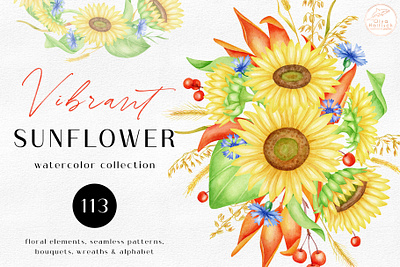 Vibrant Sunflower - Watercolor Collection autumn bouquets clipart collection fall floral flowers hand drawn rustic summer sunflower vibrant watercolor watercolor flowers wedding wreath yellow