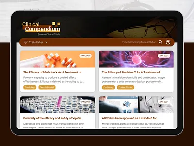 Clinical Trials Navigation App (Clinical Compendium) app branding cards clinical data design filters interaction logo medical navigation search ui ux
