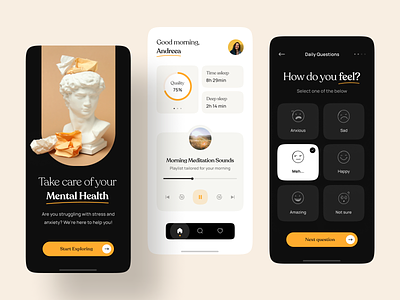 Mental Health Meditation App 2023 clean dark mode design image meditation mental health mobile mobile app mobile ui mobile ux modern product design questions quiz ui ui design ux design white mode yellow