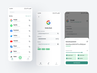 Password Manager app clean design green manager mobile mobile app mobile ui password password manager storage ui ui design uiux ux