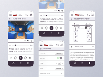 Audio guide app app design audio gude figma gallery inclusive design mobile app museum player ui ux visibility options