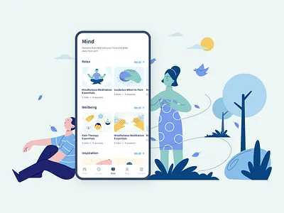 Guided Meditations for Pain Relief illustration branding character flat graphic illustration inhale meditation mind nature pain relief pathways people relax