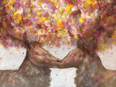 Le baiser des garçons amoureux deer digital painting flowers gay illustration love queer
