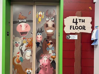 Farm Themed Elevator Mural animals barn barn yard barnyard childrens illustration childrens museum cow digital illustration digital mural farm farm animals horse mural printed mural procreate procreate illustration vinyl mural wall graphic wall mural wrap