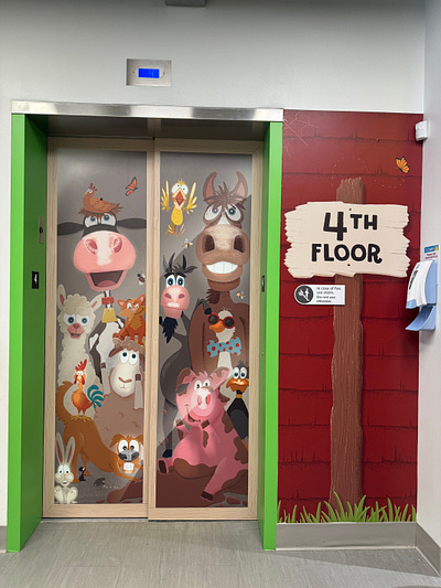 Farm Themed Elevator Mural animals barn barn yard barnyard childrens illustration childrens museum cow digital illustration digital mural farm farm animals horse mural printed mural procreate procreate illustration vinyl mural wall graphic wall mural wrap