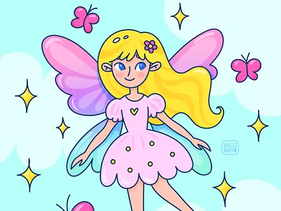 Fairy character illustration, doodle girl, childish art art artist butterfly character childish children concept design fairy fairytale female fly girl girly illustration kid kids woman