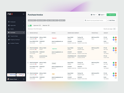 Purchase Invoice Dashboard add filter approve company dashboard filter home dashboard invoice invoice no items project purchase purchase invoice reject rejected supplier supplier invoice tax ui ux vendor