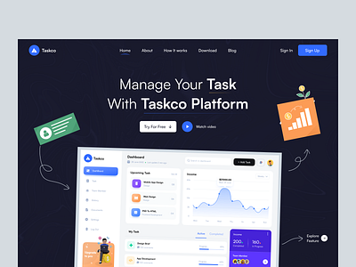 Taskco | Landing Page branding clean creative daily ui dashboard design download figma identity landing page minimal product design task manager ui ux web design xd