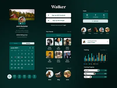 Horse Organizer App Components animals app dark dark mode dashboard dressage equestrian green hobby horse horse firm mobile organizer planner riding ridingcommunity training ui ux