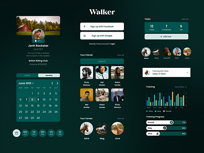 Horse Organizer App Components animals app dark dark mode dashboard dressage equestrian green hobby horse horse firm mobile organizer planner riding ridingcommunity training ui ux