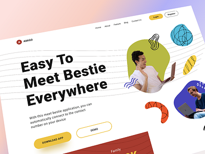 Amigo - Hero Meet Online Landing Page app online bestie clean desktop family friend hero home page landing page light mode meet online style talking ui uidesign uiux web website