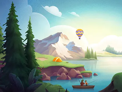 landscape activity balloon boat clouds experiences fishermen forest grass illustration illustrator landscape mountains nature sky summer sun tent vector