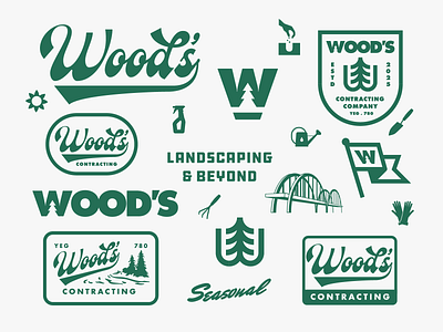 Wood’s Contracting – Timeless Logo & Badge Collection badge design bold typography brand identity classic logo design construction branding custom branding custom lettering handcrafted logo heritage branding icon design landscaping logo logo collection logo design outdoor branding retro branding rustic design sign painter style typography logo vintage logo wordmark