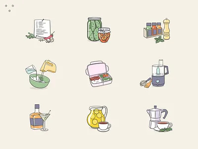 Food icons 2d beverage drinks eat flat food illustration kitchen mixer receipt spices