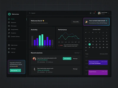 Mentorise - Dashboard For Mentorship Platform app calendar charts clean dark dark mode dark theme dashboard design mentee mentor mentorship minimal perfomance platform ui website